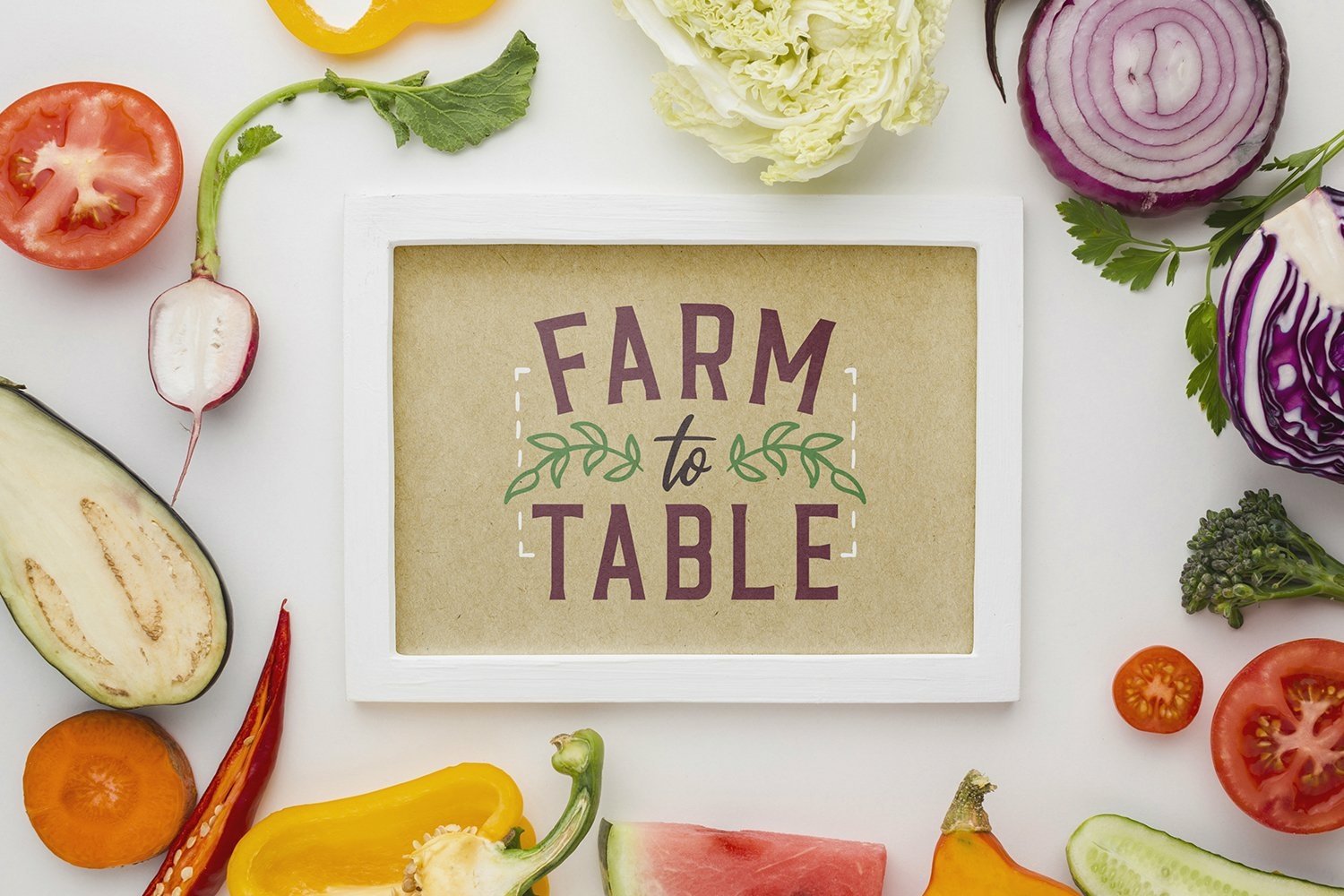 Picture frame with a farm to table sign surrounded by vegetables.