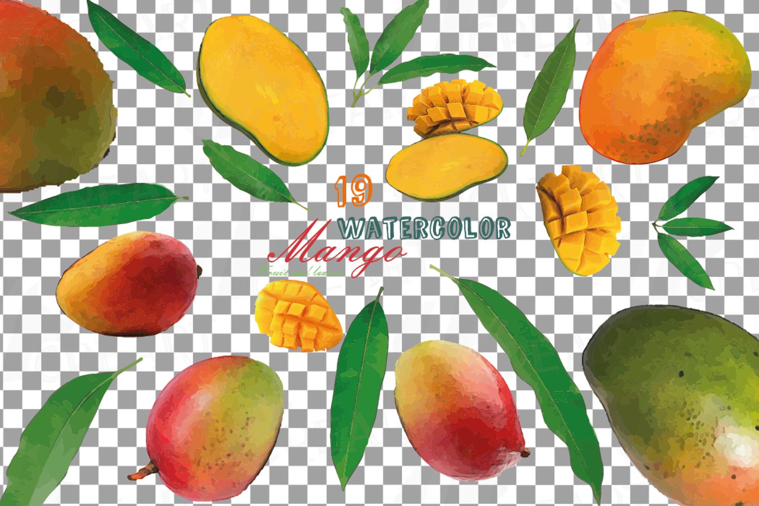 Watercolor Mango leaves and fruits clip art pack comes with 19 different watercolor set element.