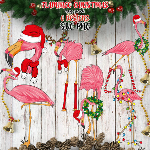 Flamingos with christmas decorations on a wooden background.