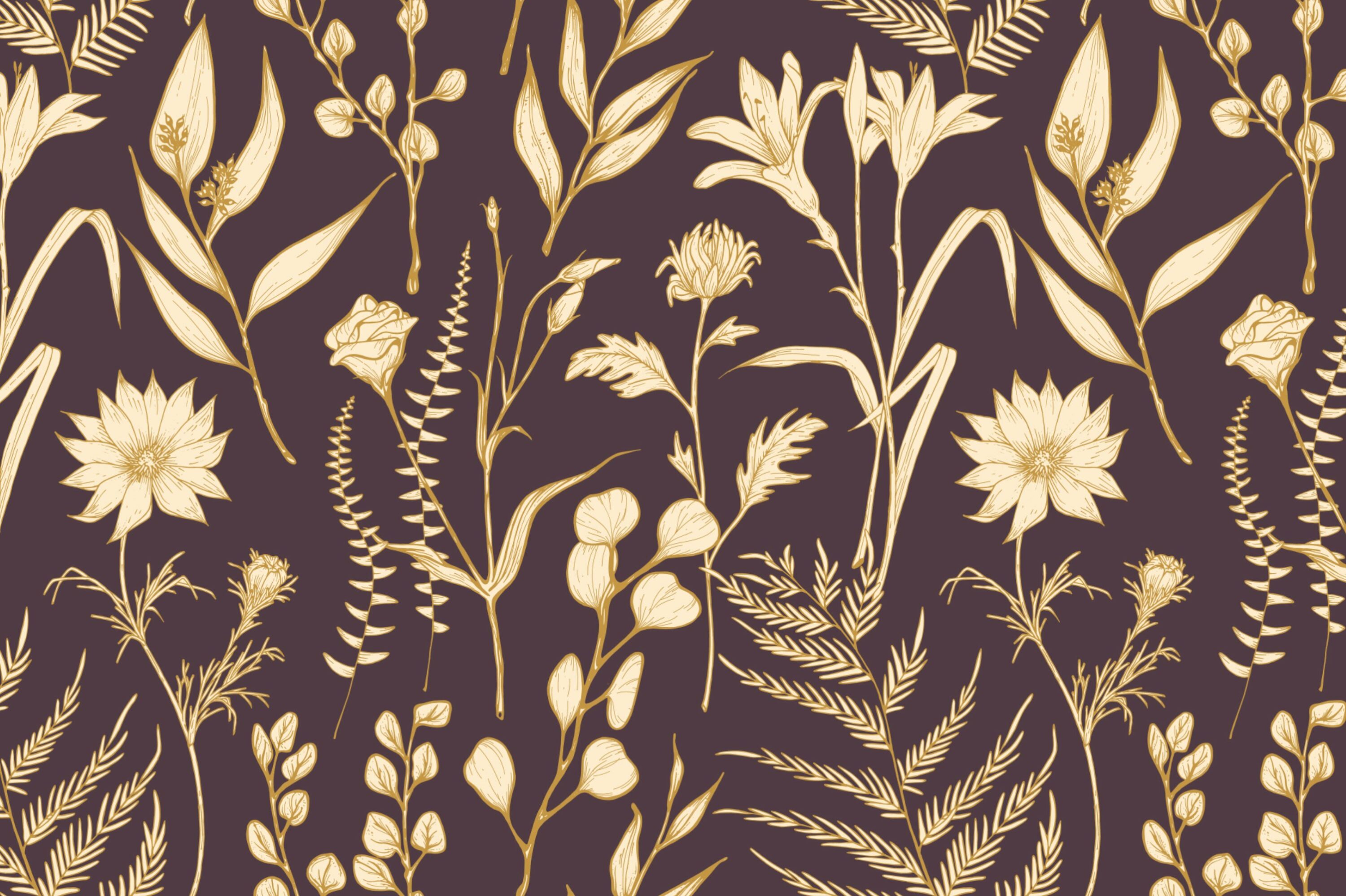 Brown background with gold flowers.