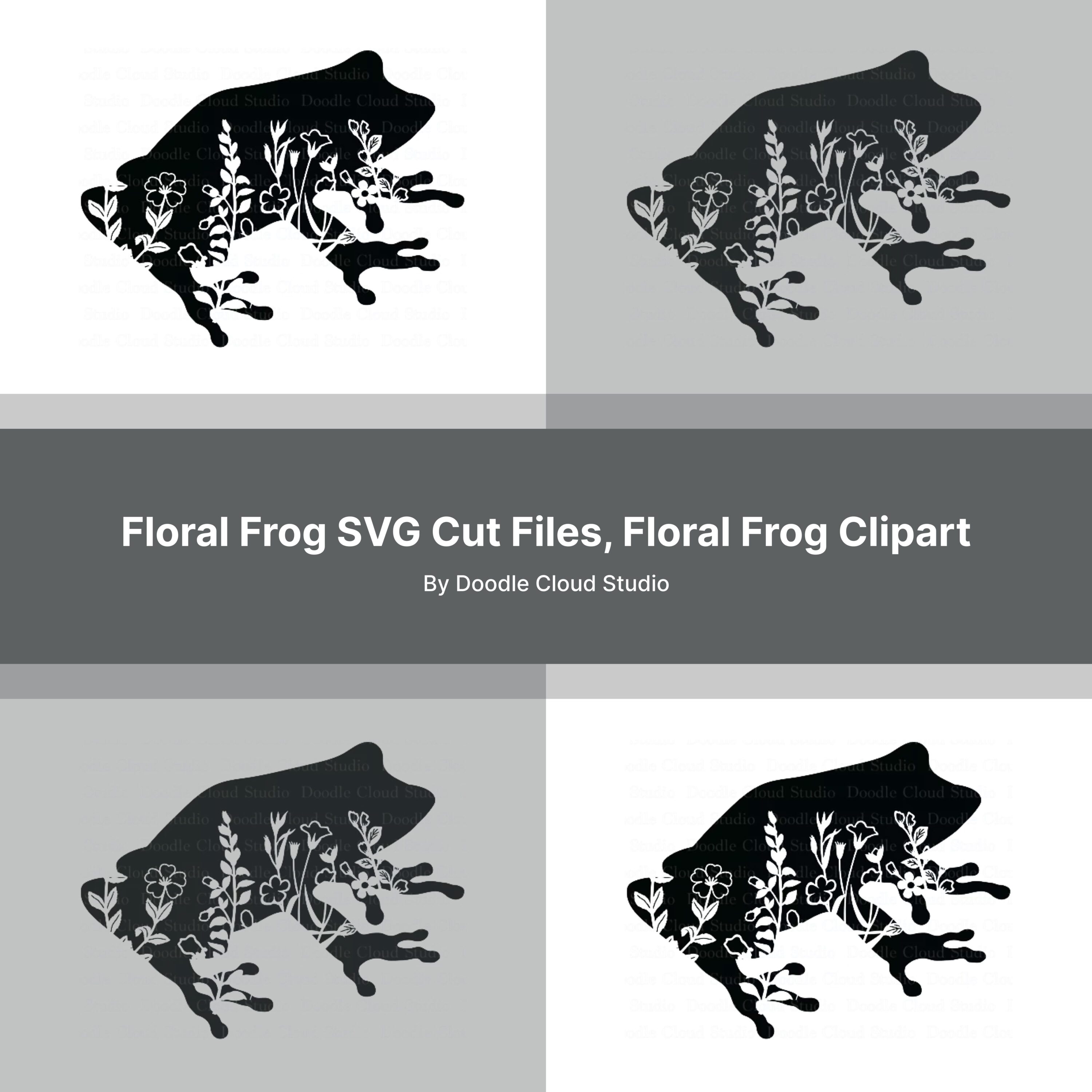 Four black and white images of a frog.