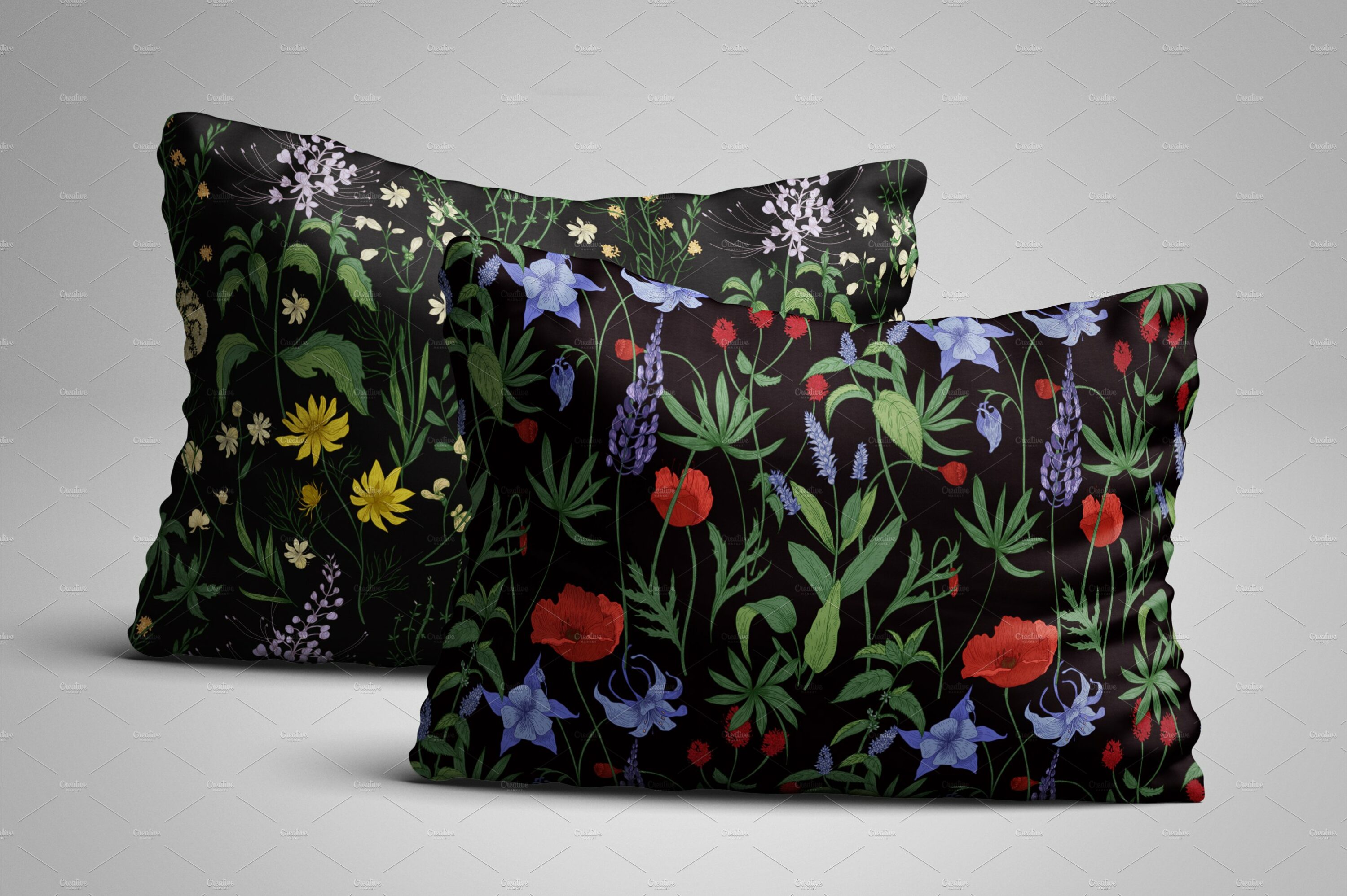 Two pillows with flowers prints.