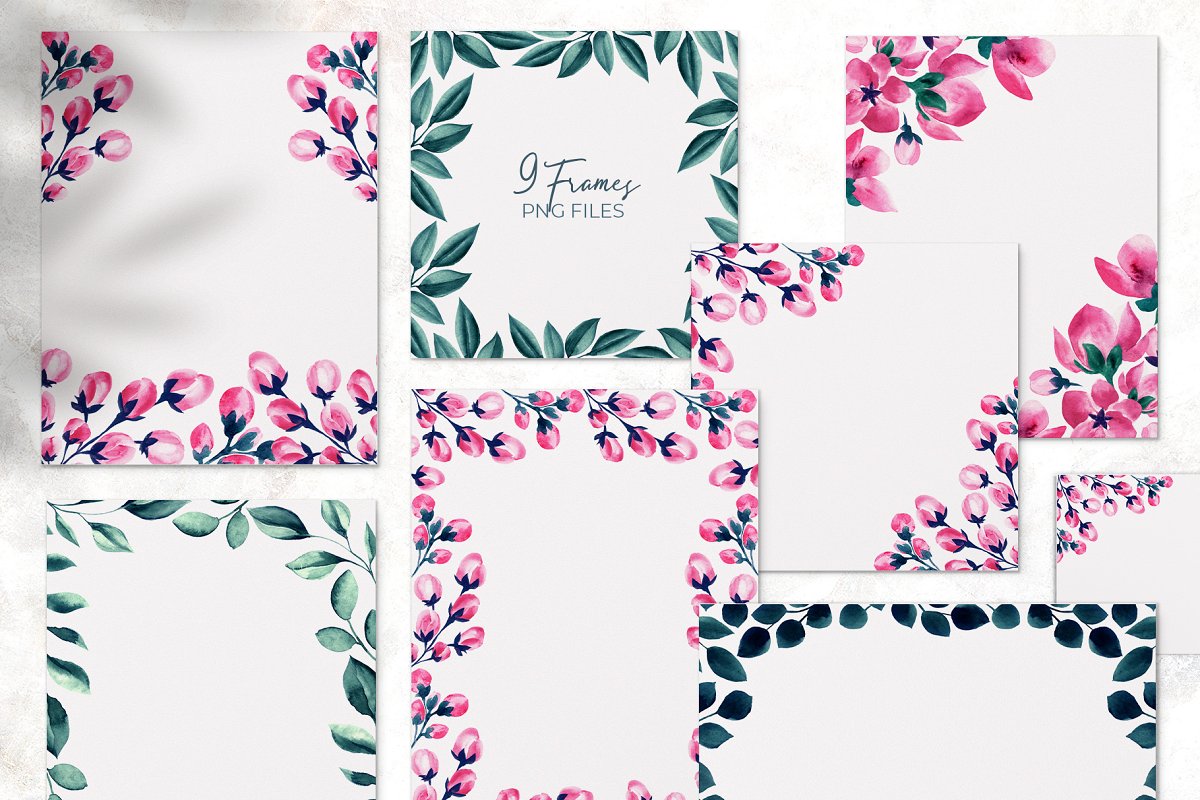 9 frames PNG Files from Floral watercolor collection.