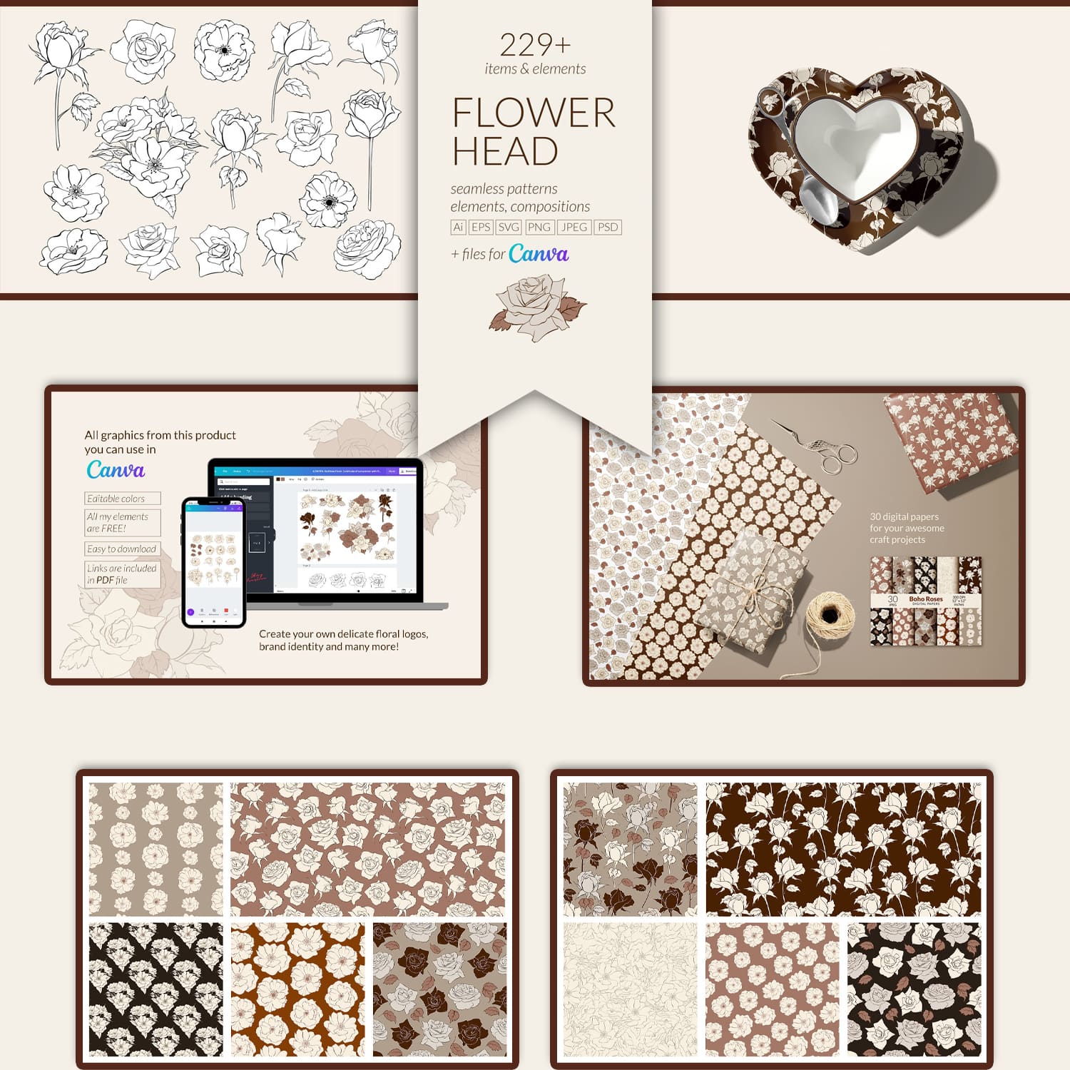 Flowerhead Collection - delicate line art drawings turned into vector seamless patterns.