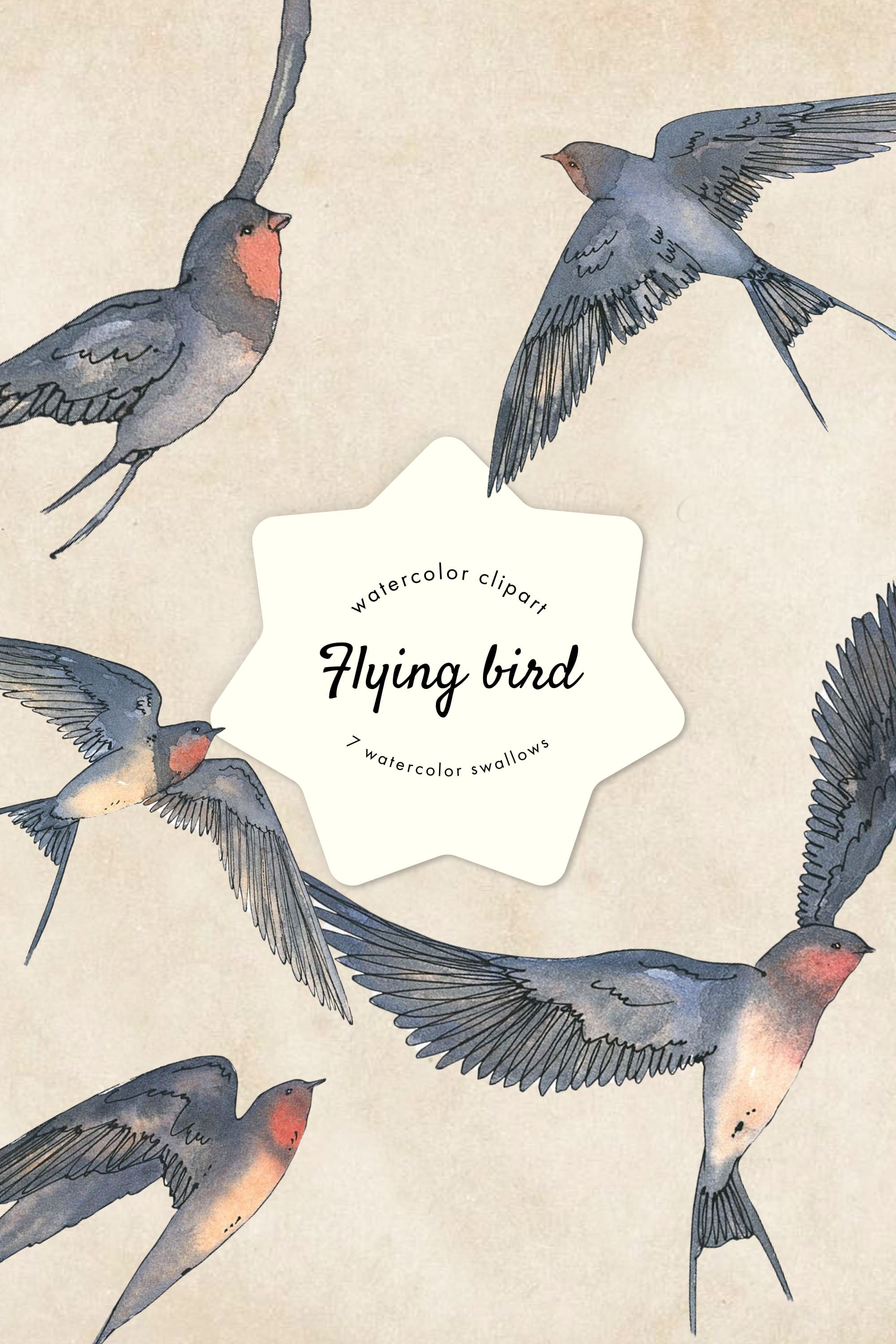 Flying bird watercolor clipart - pinterest image preview.