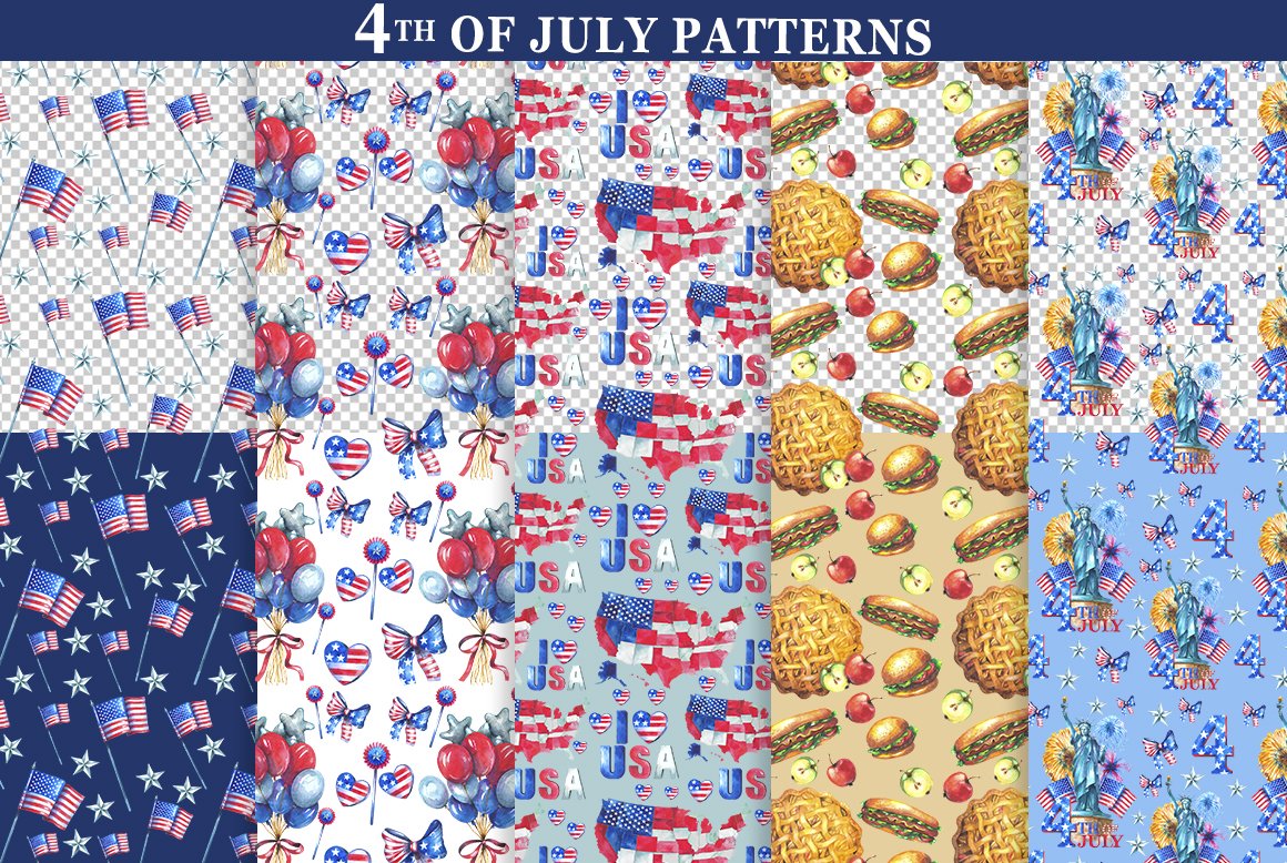 Watercolor 4th of July Clipart patterns.