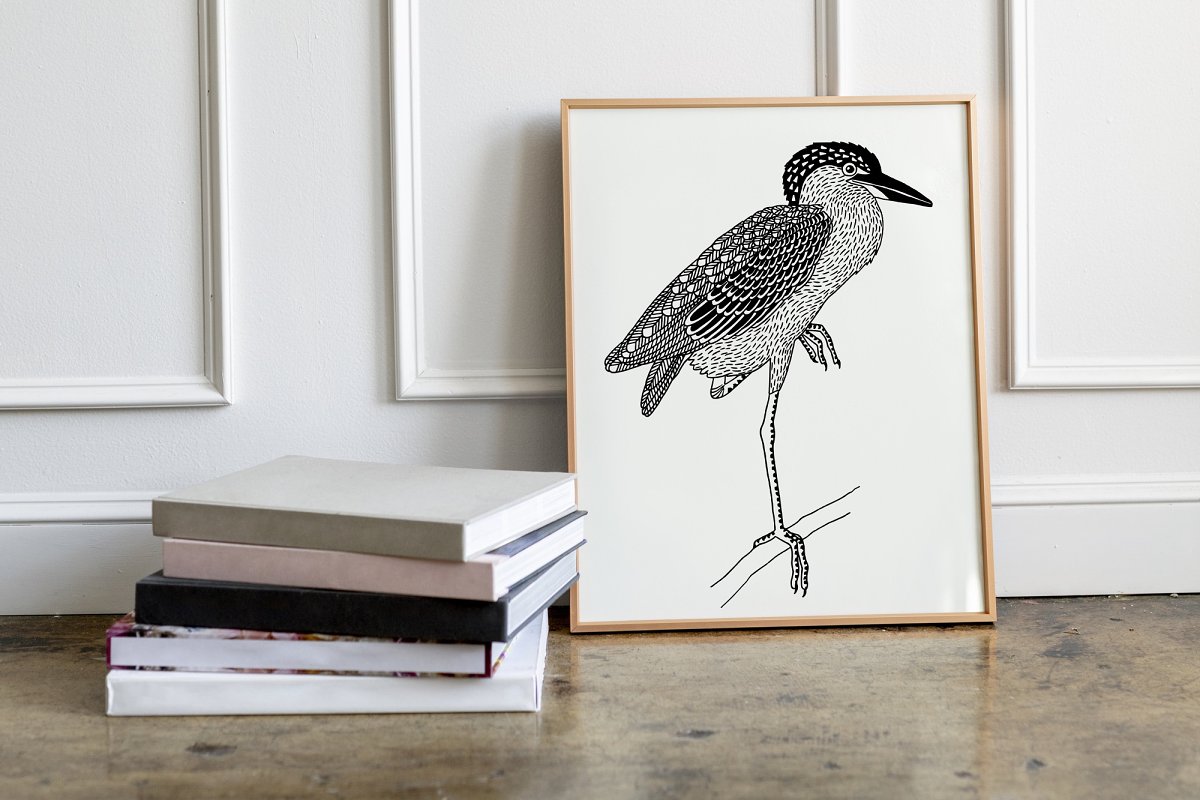 Hand drawn bird in frame for your interior design.