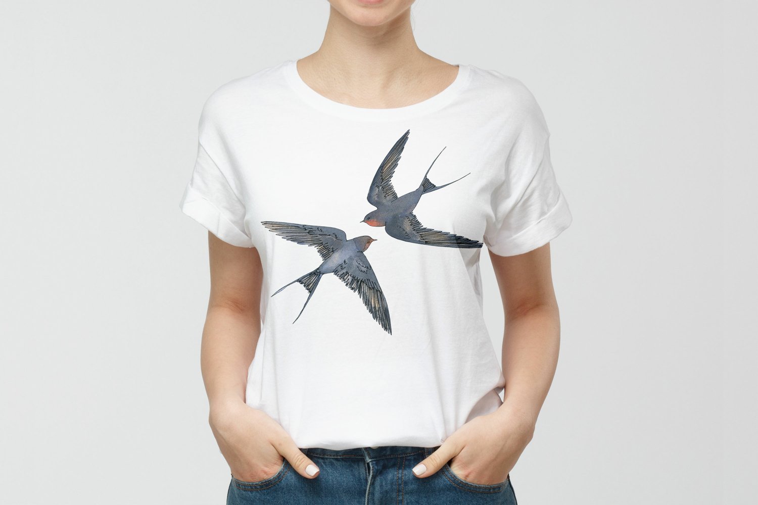 Free modern girl wearing t shirt with swallows.