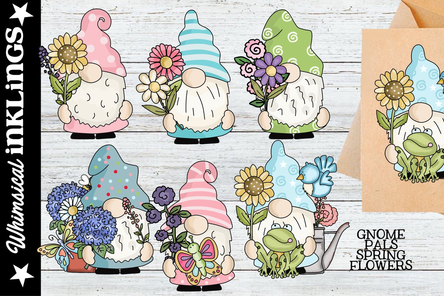 Gnome pals with spring flowers.