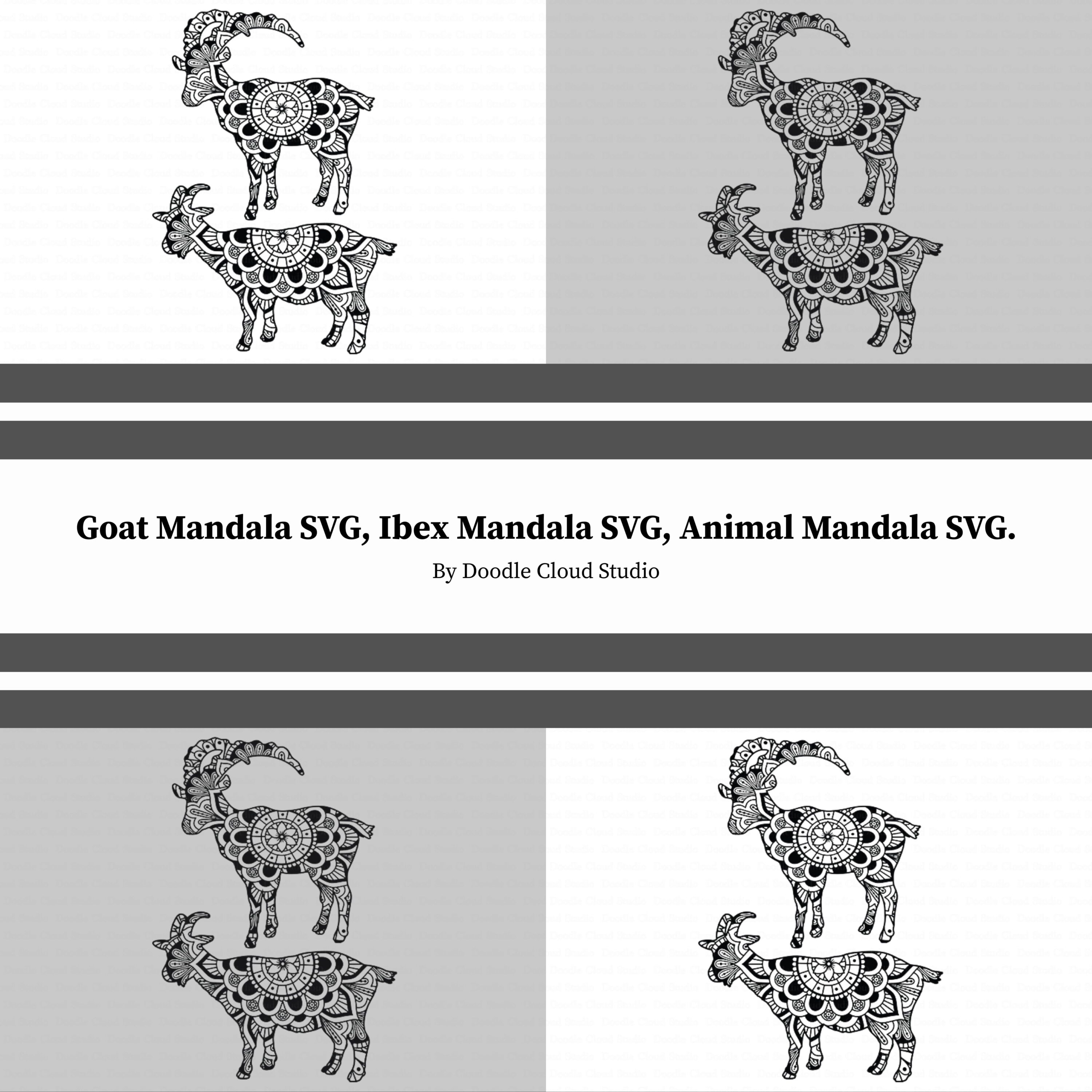 Three black and white images of animals on a gray background.