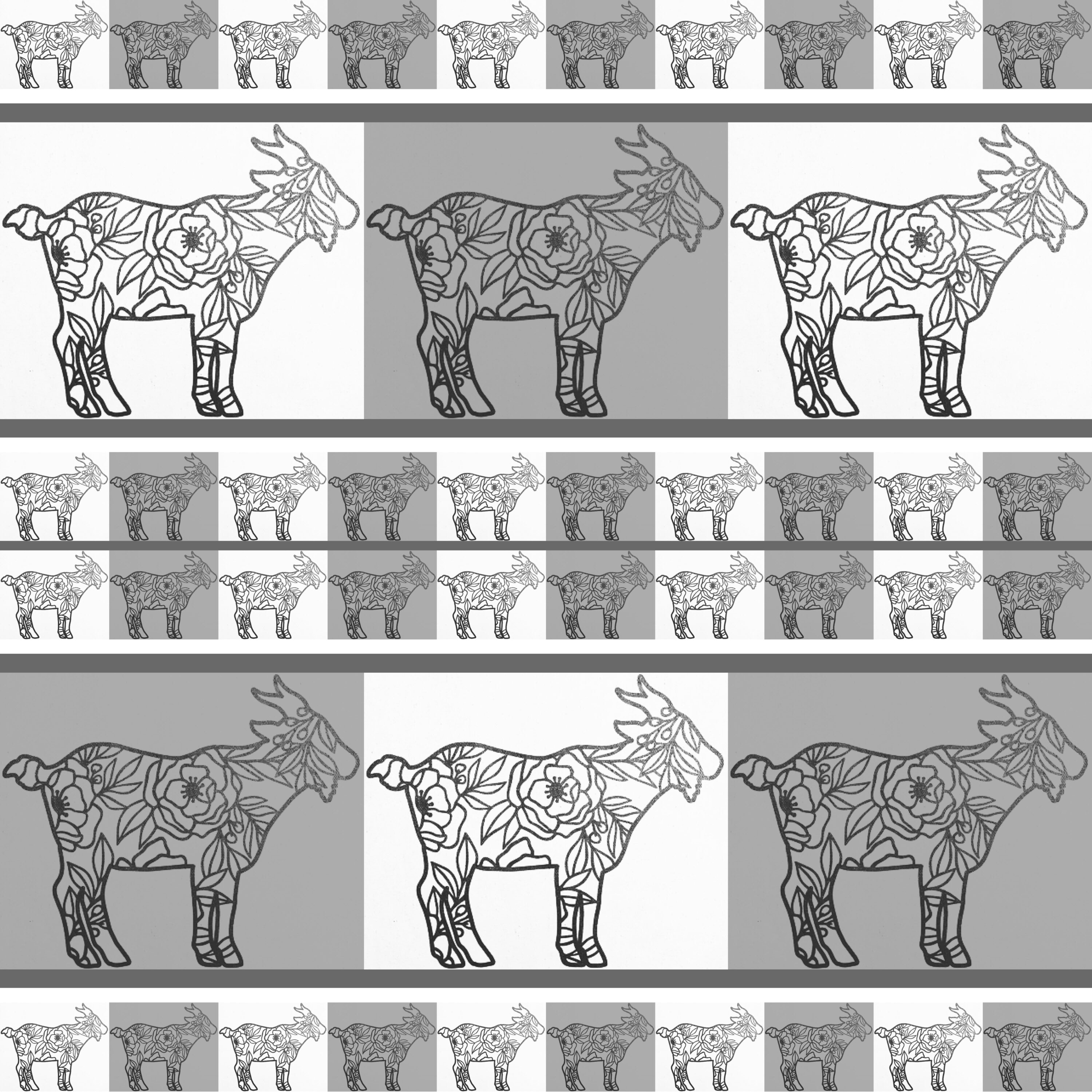Drawing of a cow with different patterns on it.