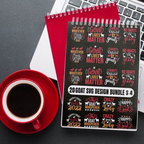 Notebook with stickers on it next to a cup of coffee.