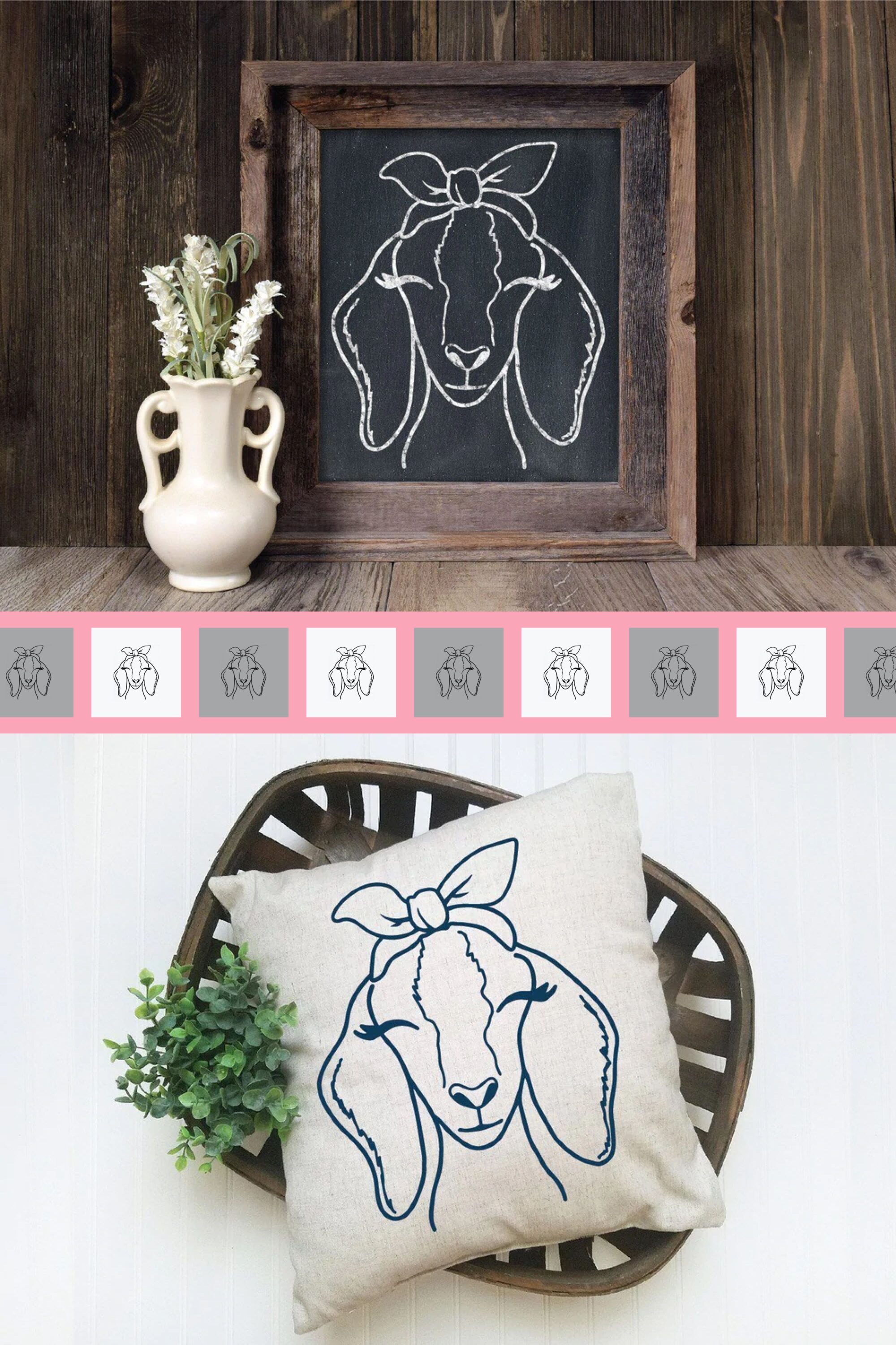 Picture of a cow pillow on a chair and a picture of a cow pillow.
