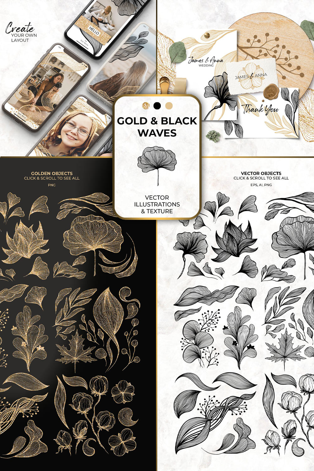 Gold black waves lines flowers - pinterest image preview.