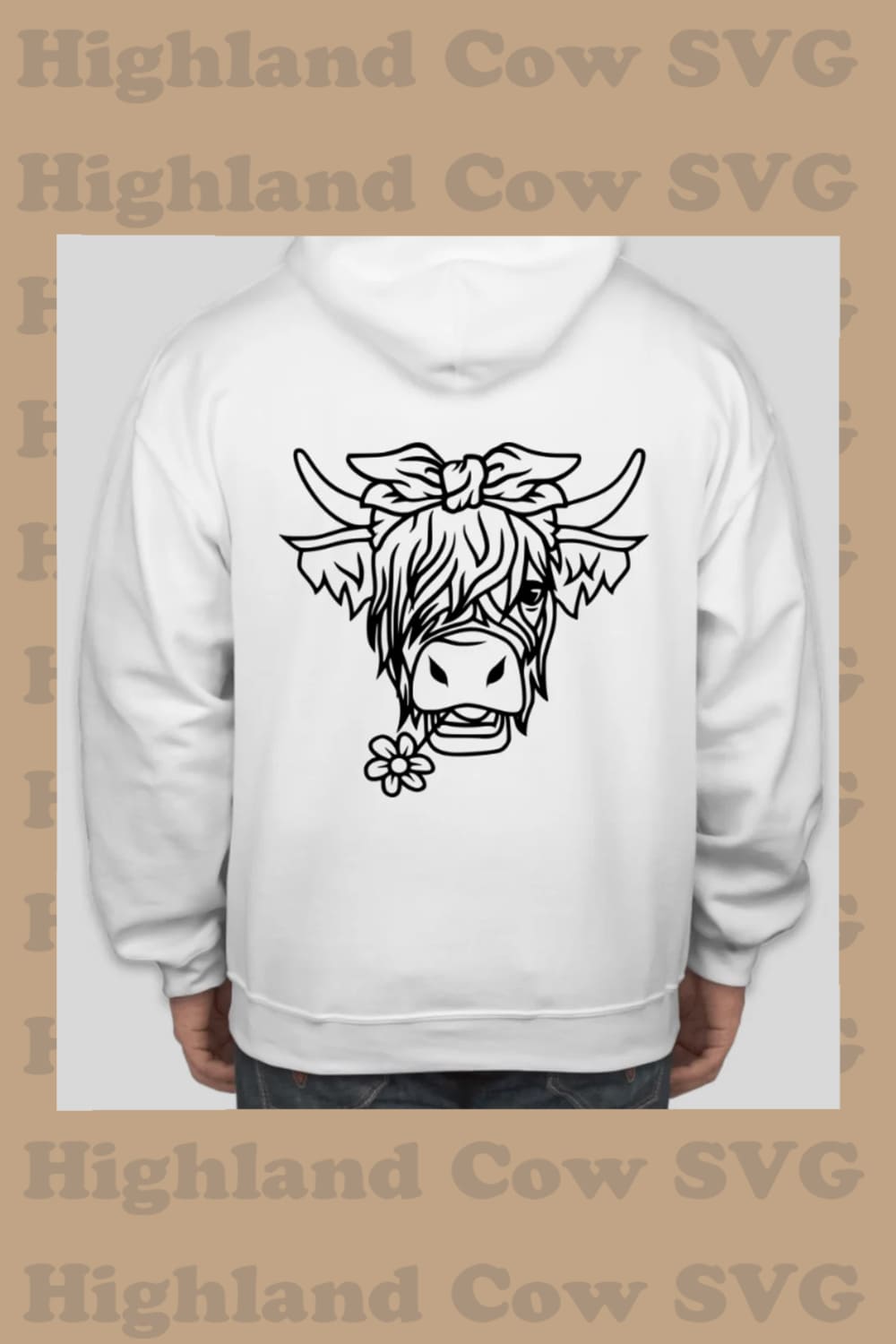 Man wearing a white hoodie with a cow on it.