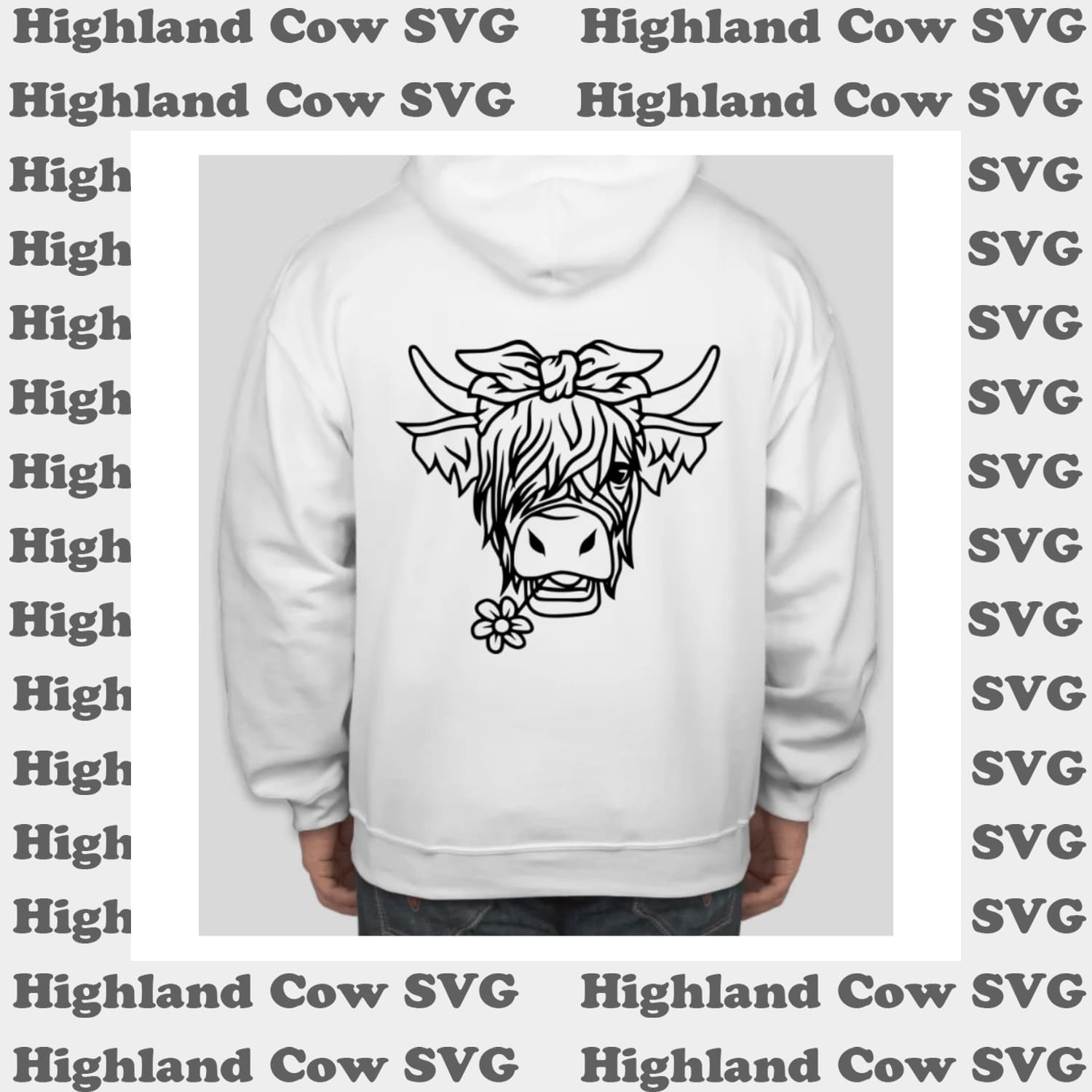 White hoodie with a black and white image of a cow.
