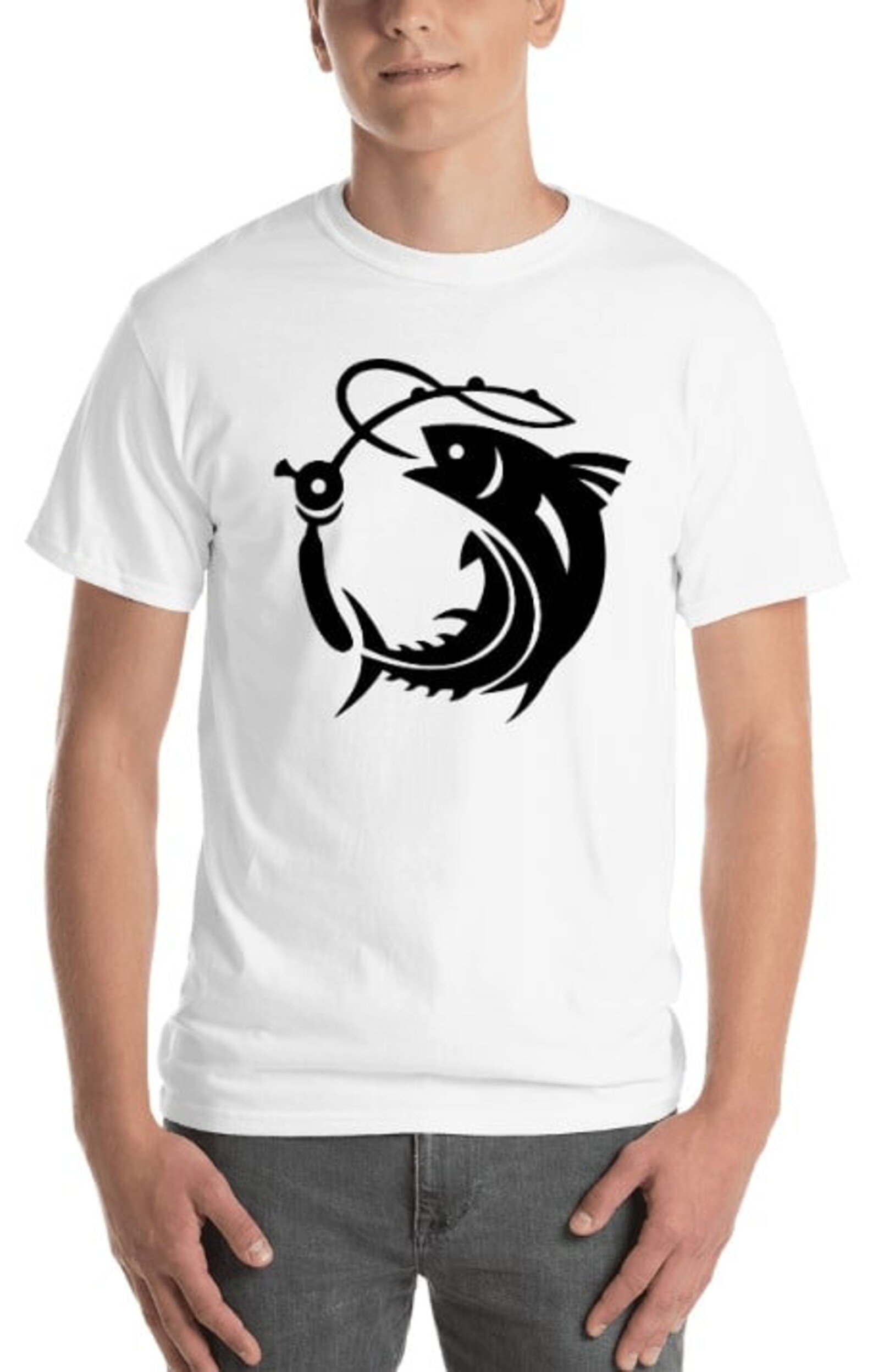 Huge black fish on the white t-shirt.