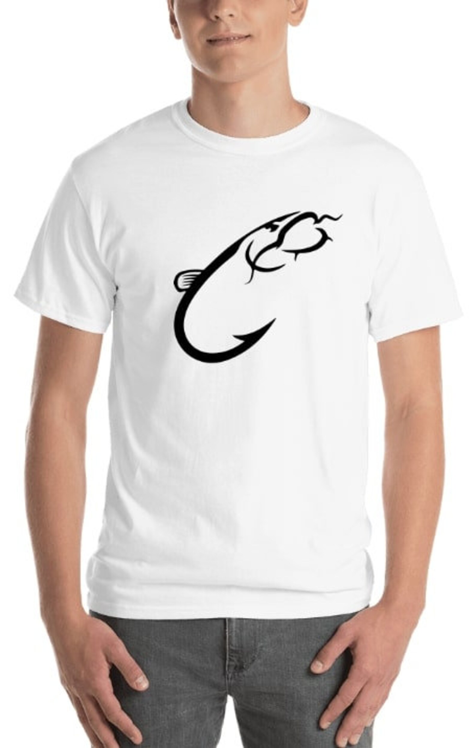 Classic white t-shirt with delicate fish hook.