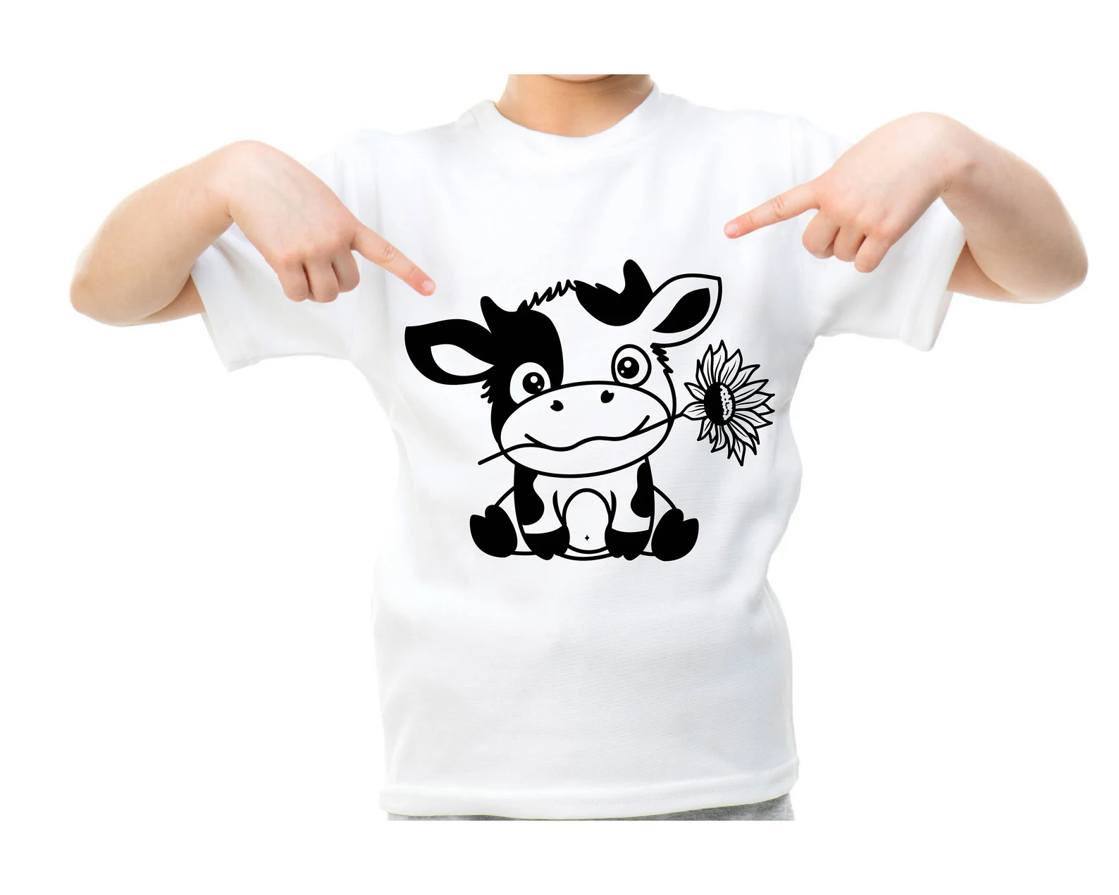 Young boy wearing a white t - shirt with a cartoon cow on it.