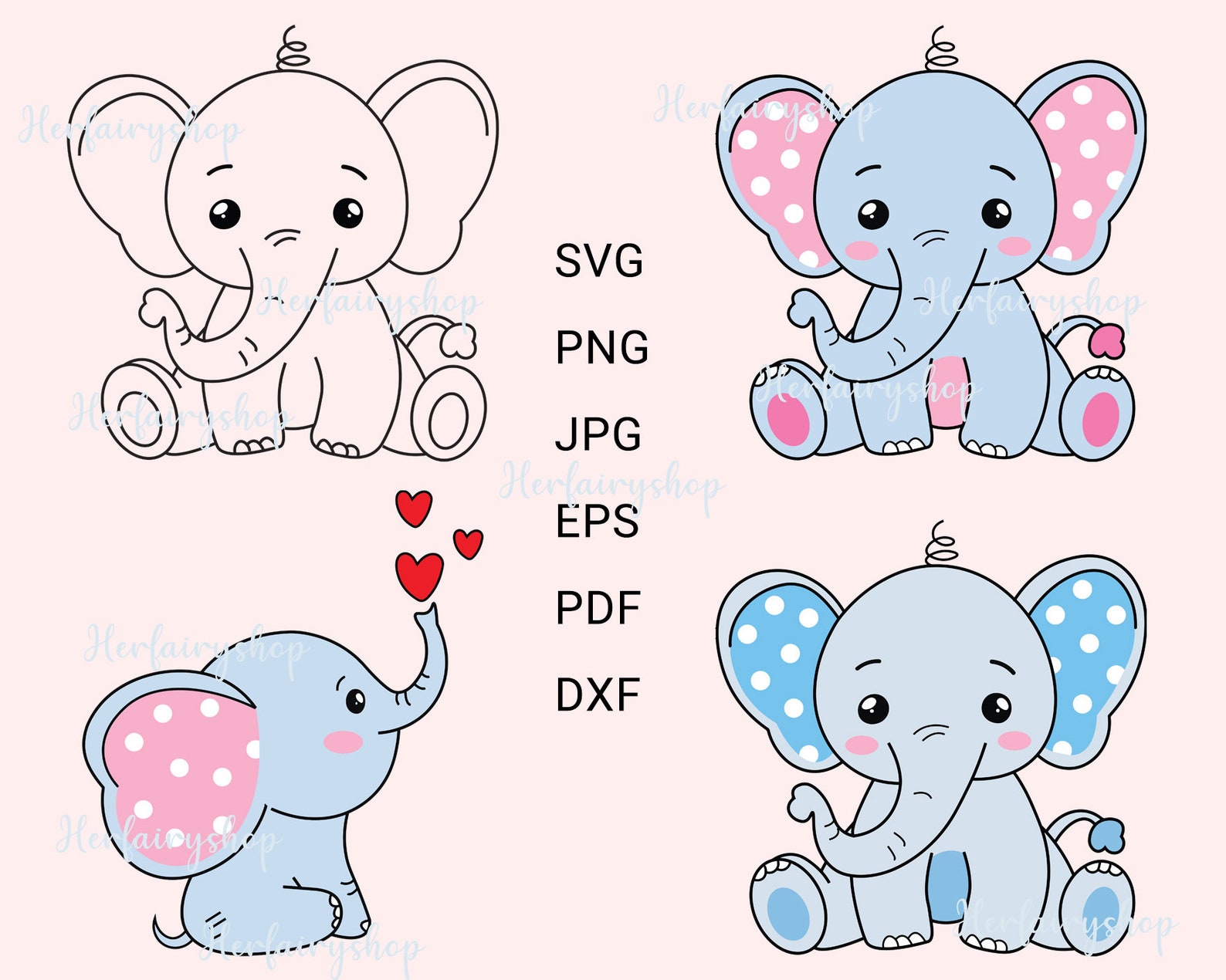 Set of three elephants with hearts.