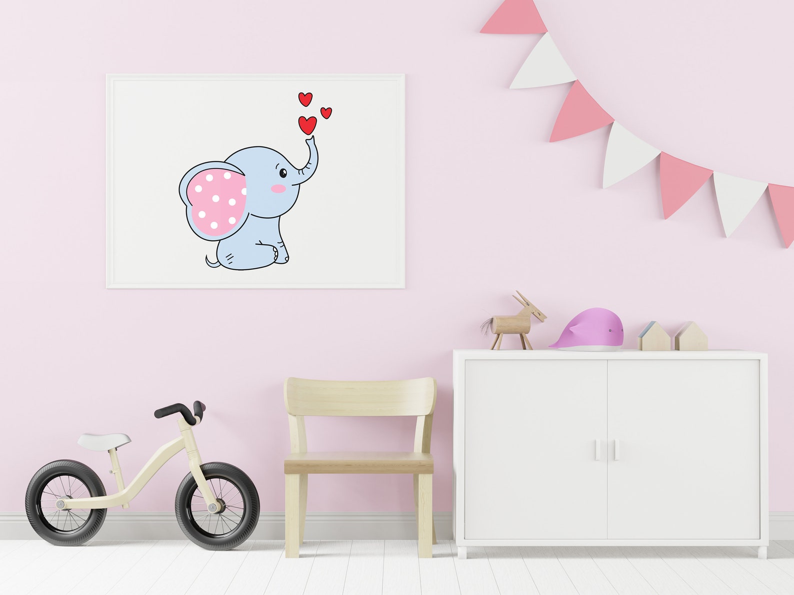 Child's room with a pink wall and white furniture.