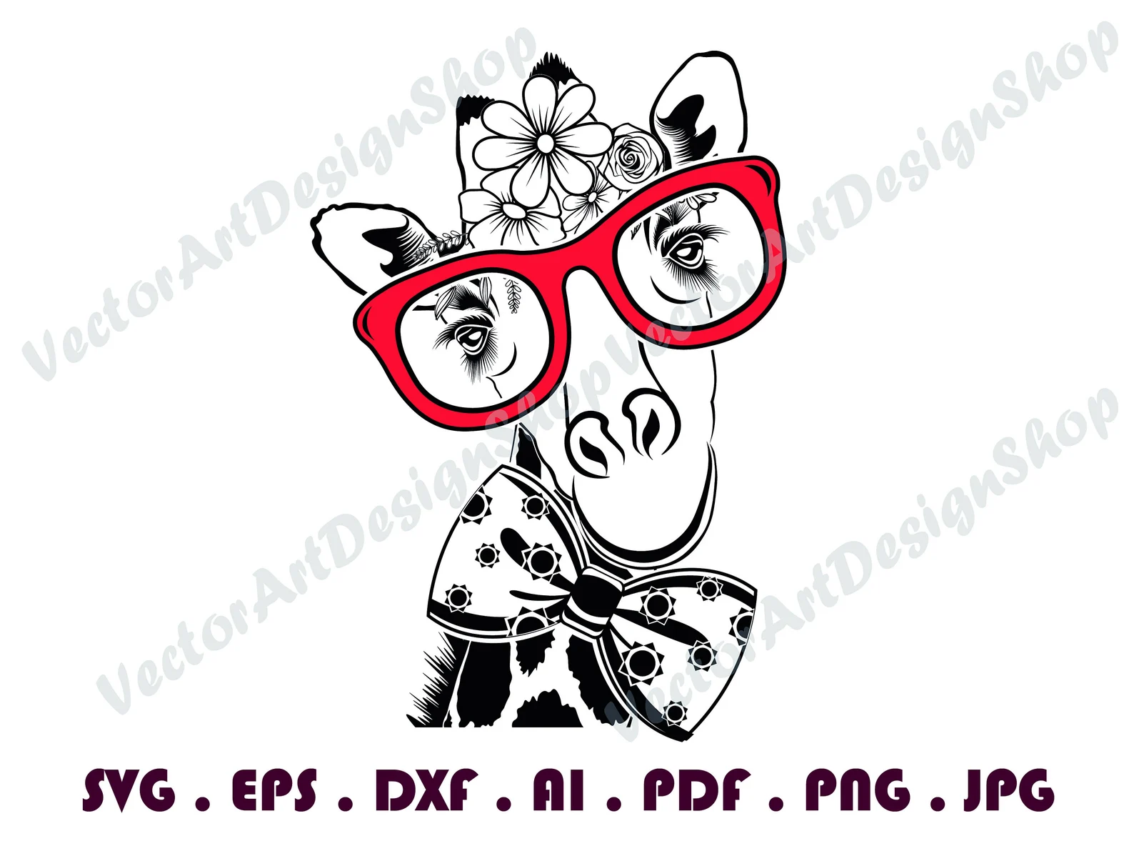 Giraffe wearing red glasses and a bow tie.