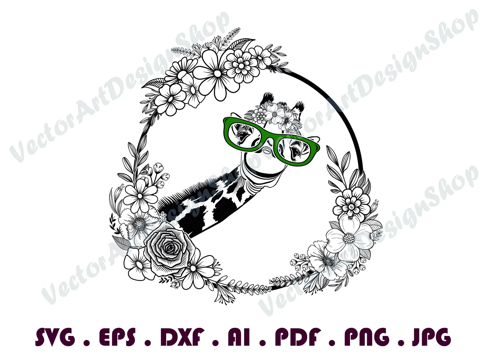 Giraffe wearing glasses and a wreath of flowers.