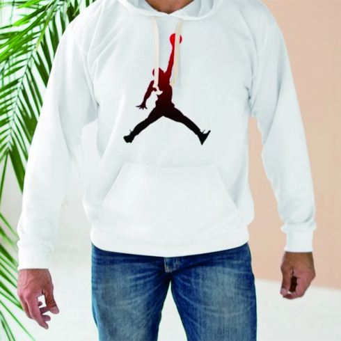Black and red Jordan on a white sweater.
