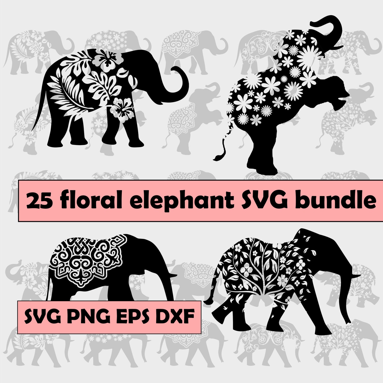 Elephant svg bundle with flowers and elephants.