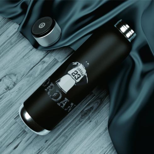 Matte black bottle with a silver Jordan.