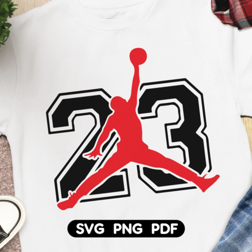 White t-shirt with the black number and red Jordan.