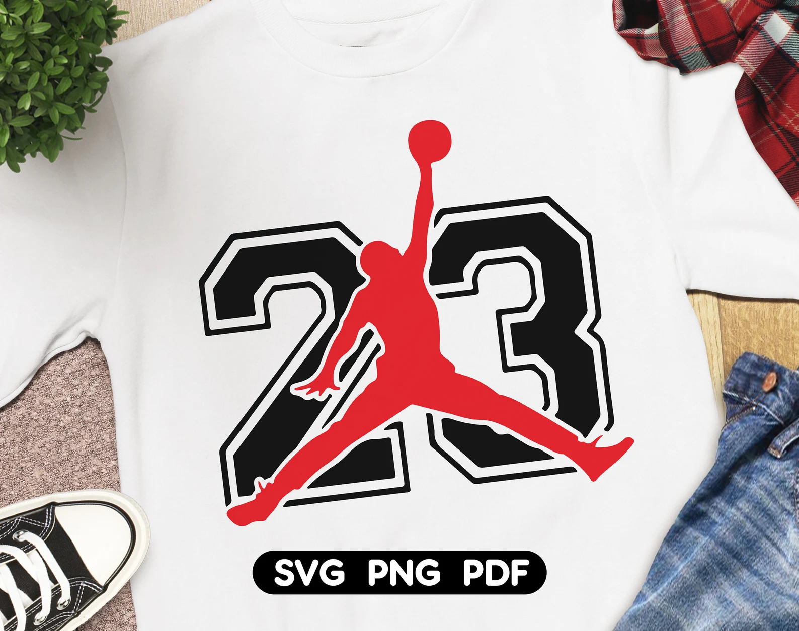 White t-shirt with the black number and red Jordan.