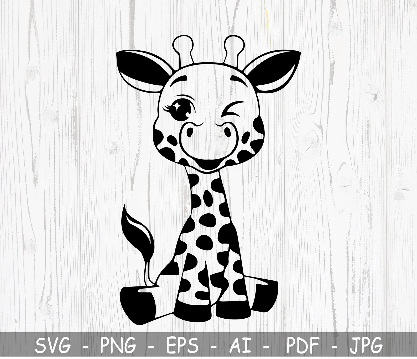 Black and white giraffe sitting on top of a wooden floor.