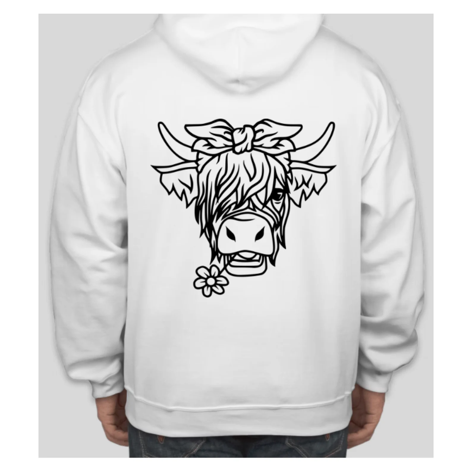 Man wearing a white hoodie with a cow's head drawn on it.