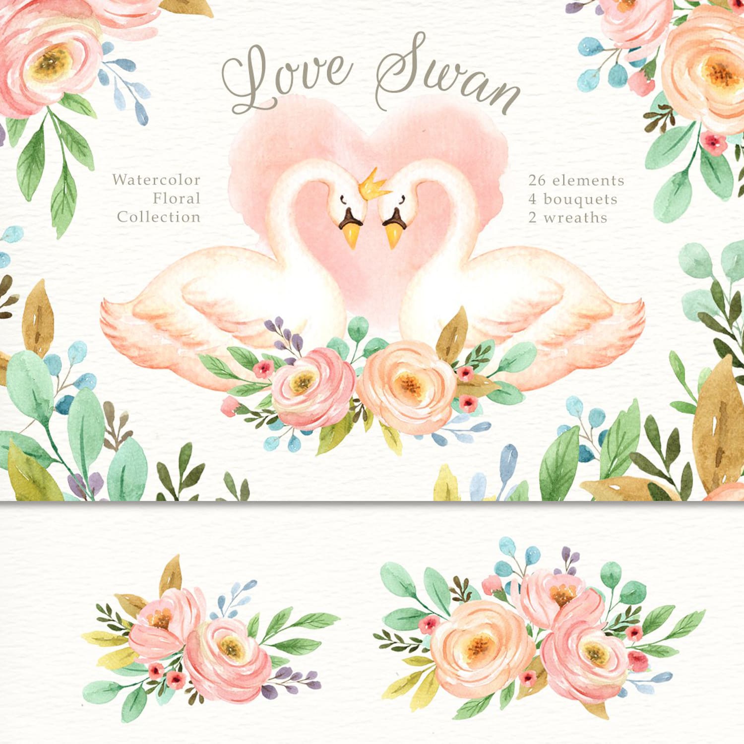 Love Swan Watercolor Clip Art.
