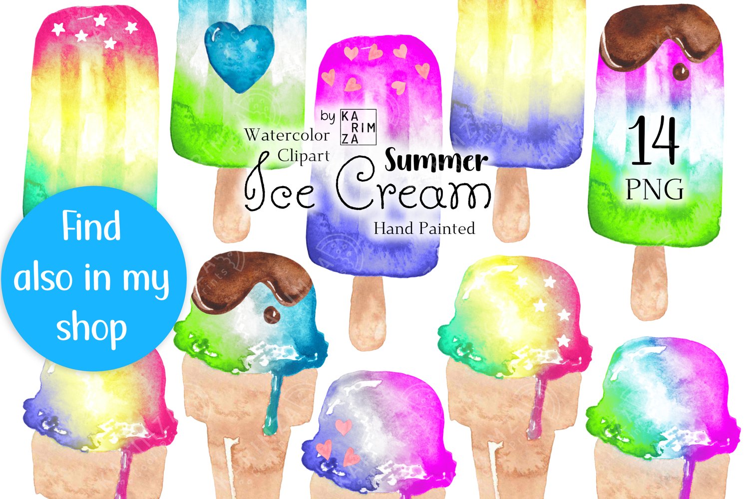 Watercolor clipart Summer Ice Cream.