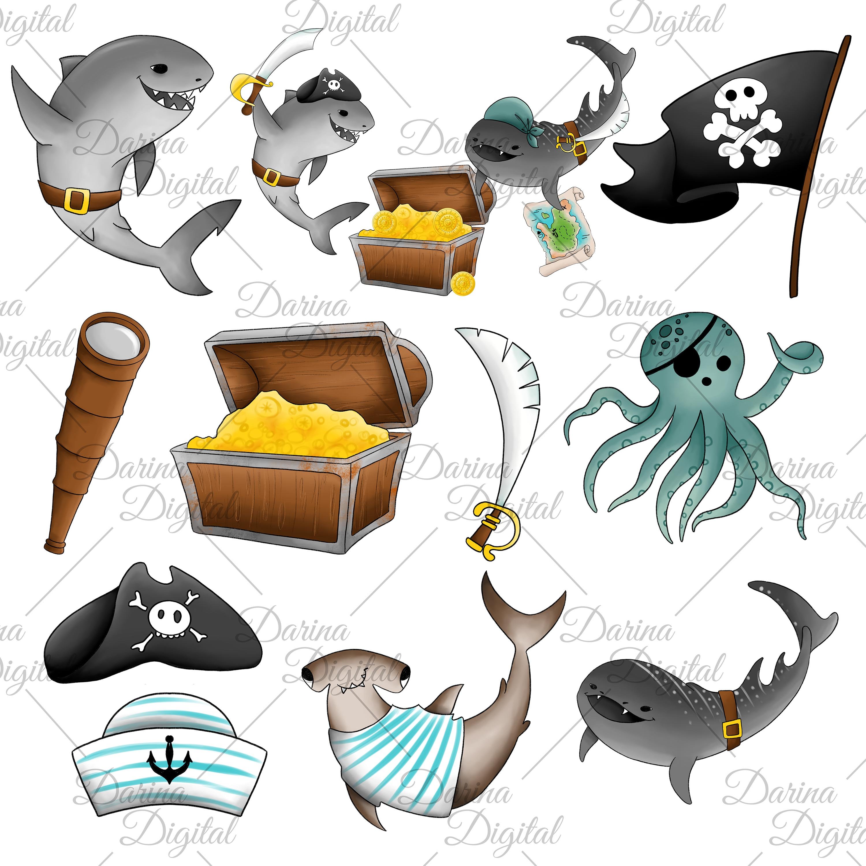 Diverse of items for shark pirate illustration.