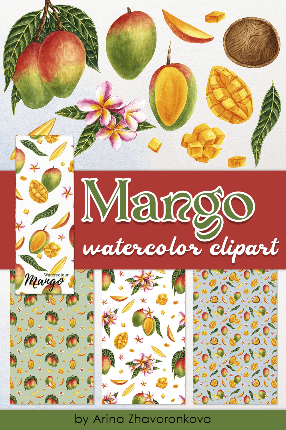 Mango watercolor clipart - pinterest image preview.