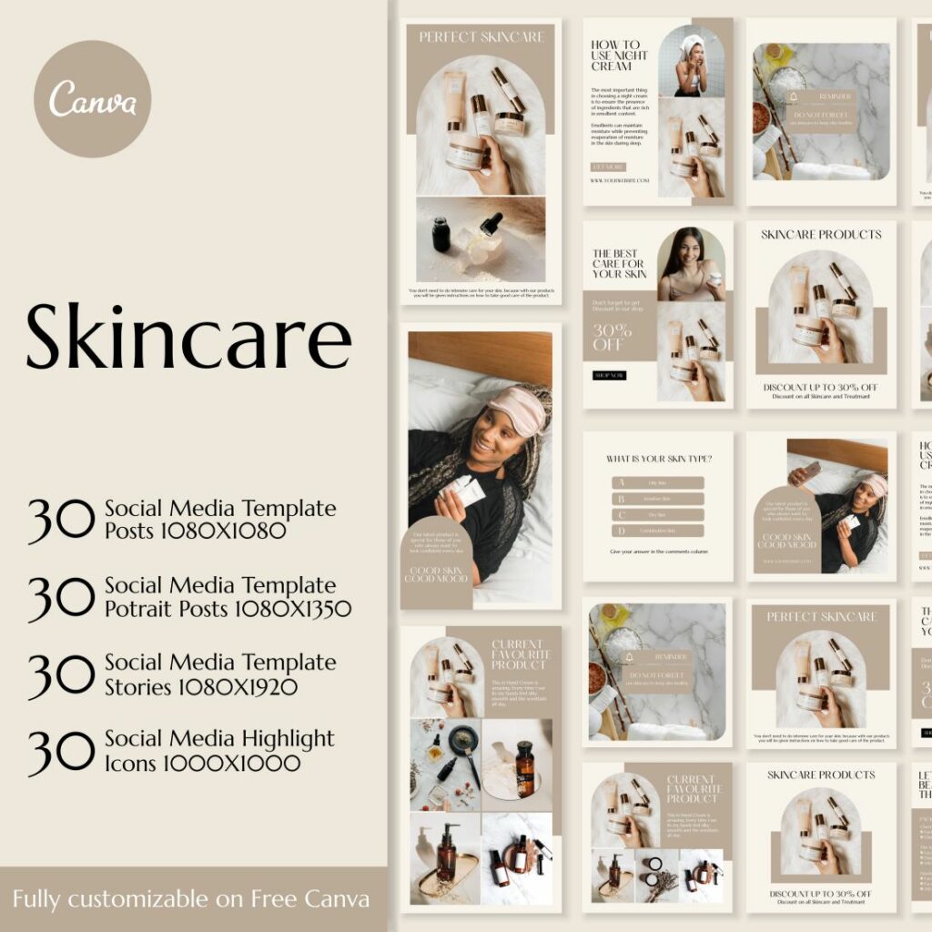Instagram Template Canva Skincare, Social Media Templates For Skincare ...