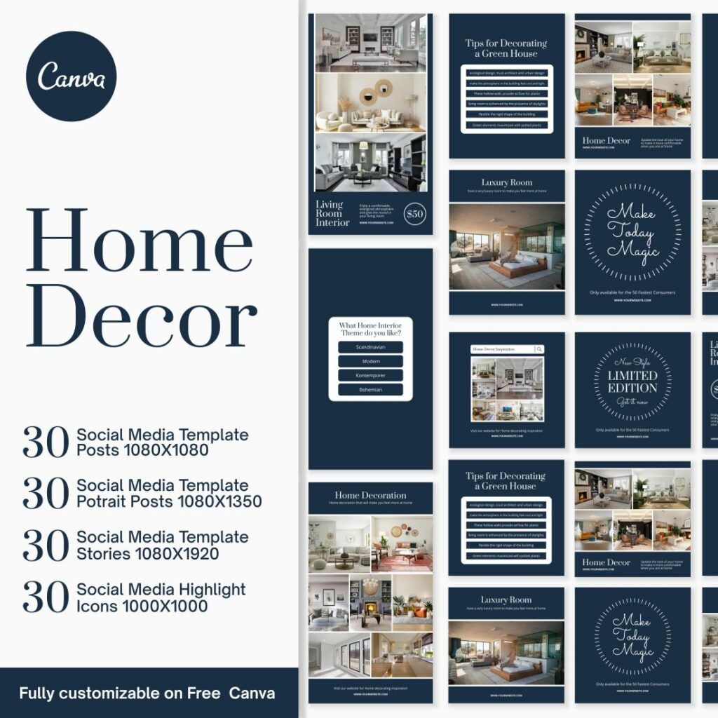 Instagram Template Canva Home Decor, Social Media Templates For Real ...
