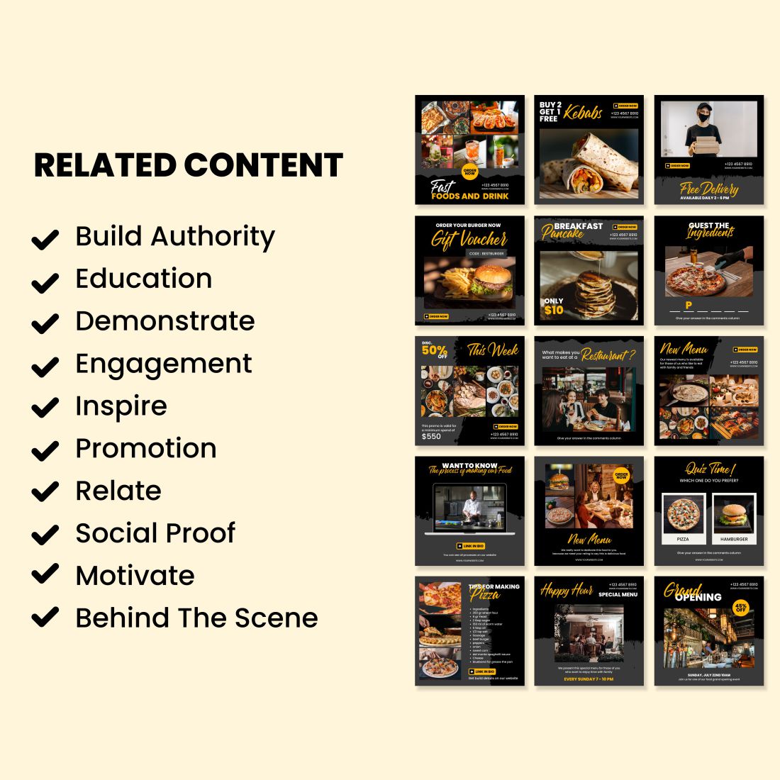 Restaurant Instagram Story and Post Canva Template Features.