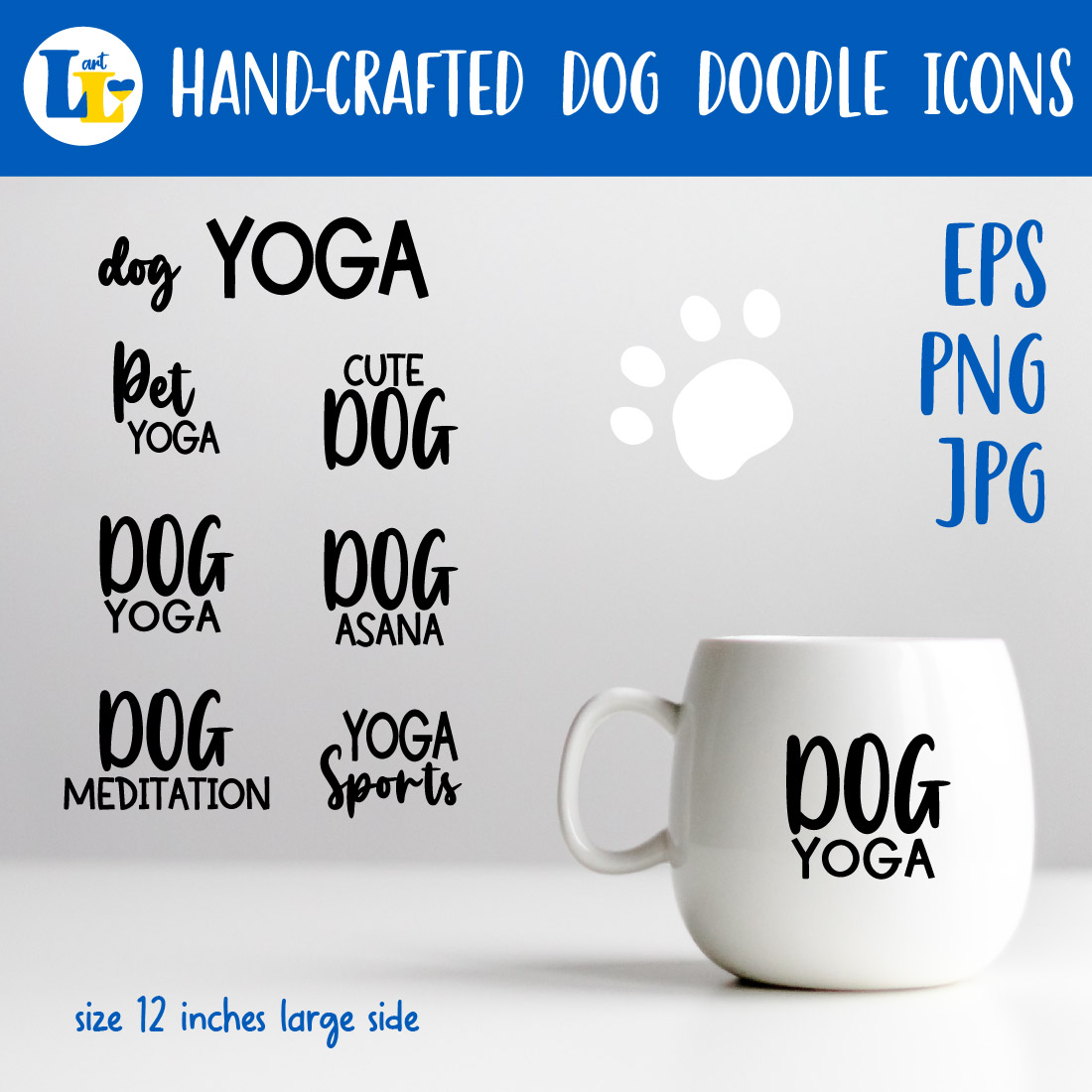 Yoga Dog Hand drawn Puppies Doodle Icons.