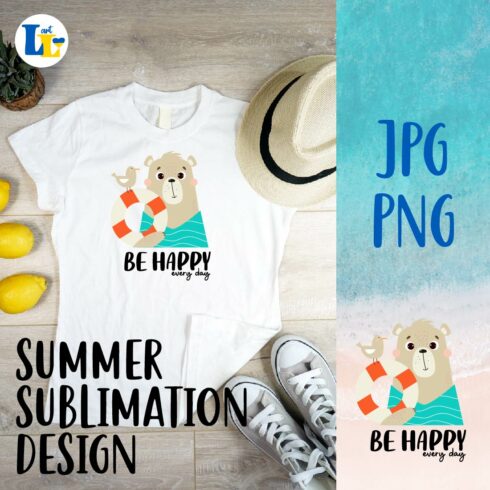 Happy Cute Bear with Seagull Summer Sublimation Design