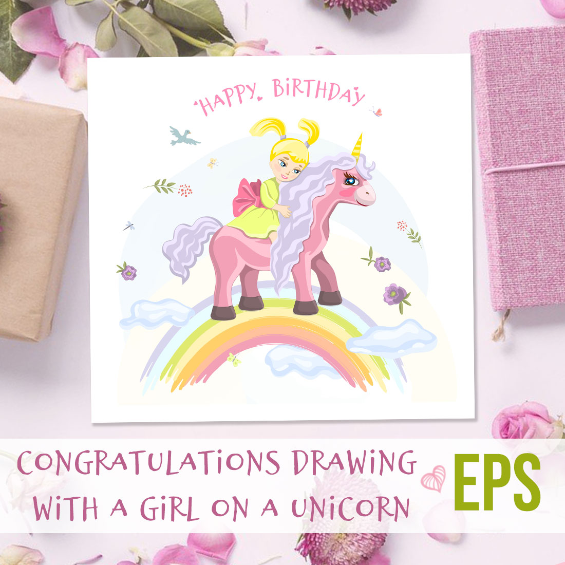 mokup congratulations drawing with a girl on a unicorn