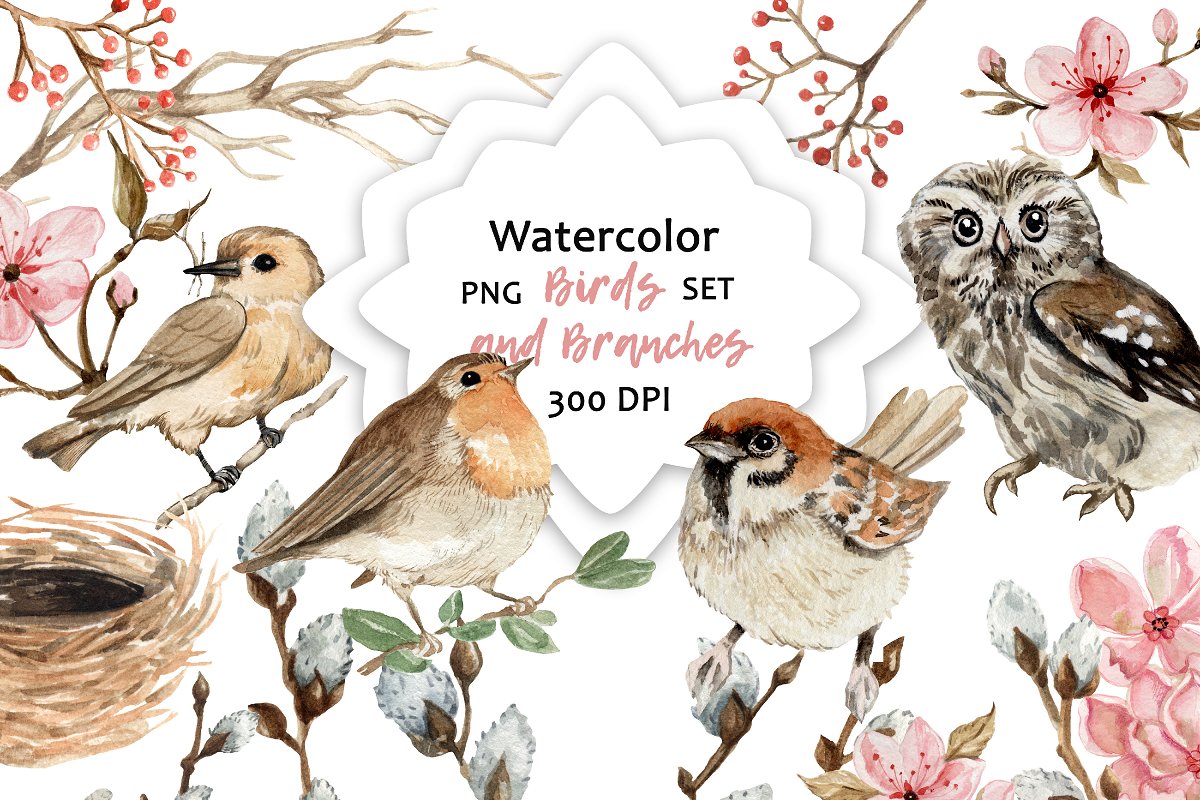 Cover image of Pretty birds and spring flowers design.