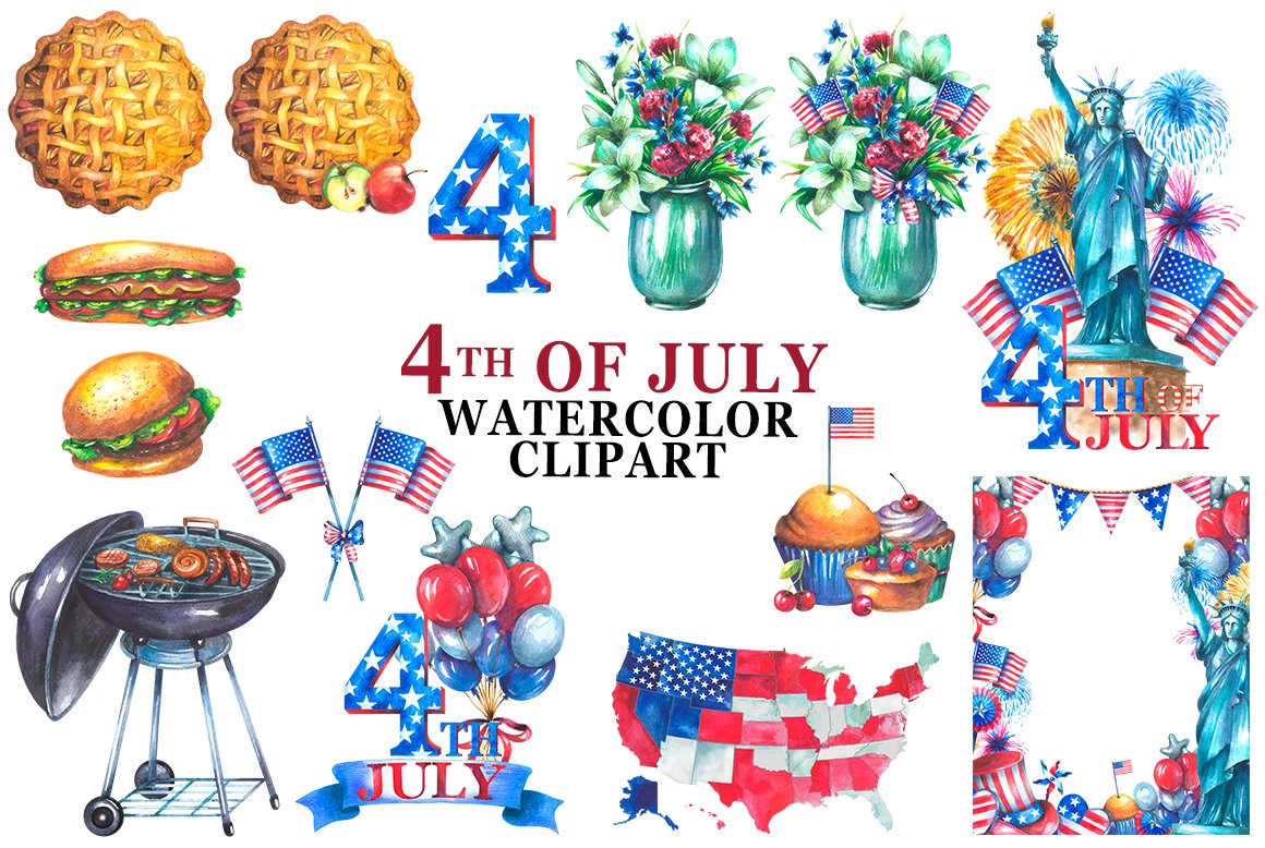 Watercolor 4th of July Clipart.