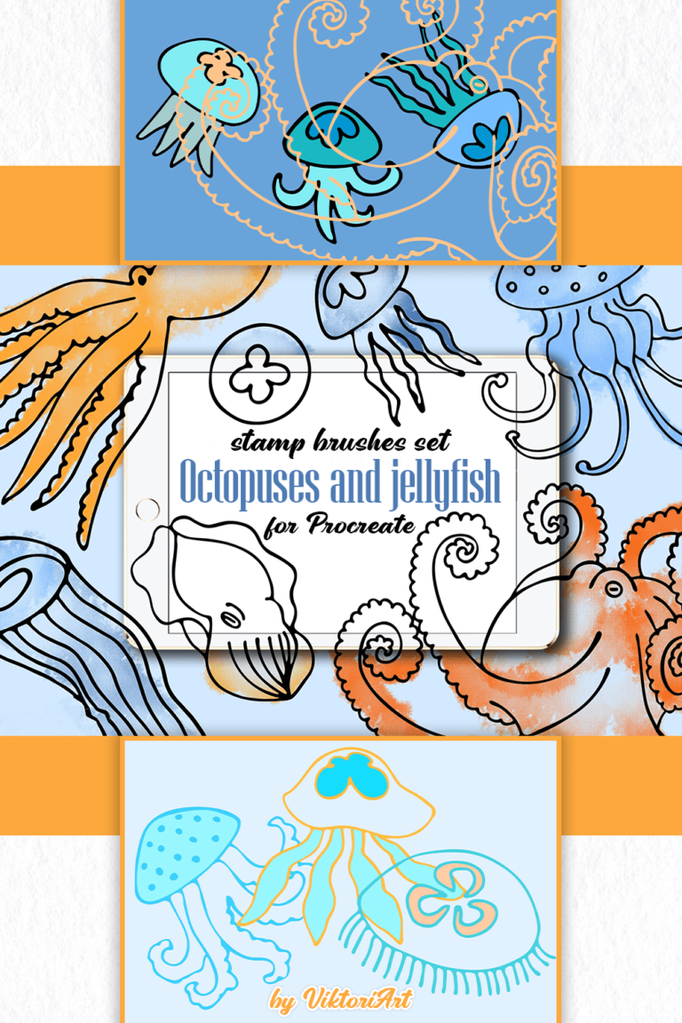 Octopuses and Jellyfish Stamp Brushes Set for Procreate MasterBundles