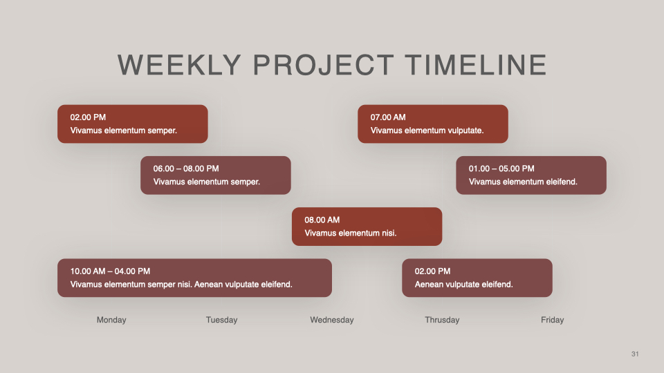 Weekly project timeline.