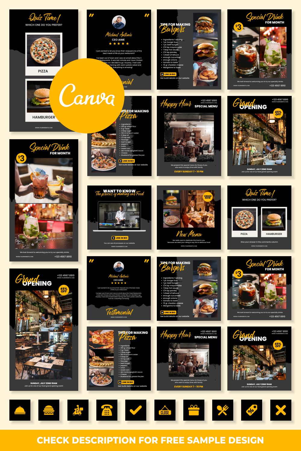 Restaurant Instagram Story and Post Canva Template Pinterest Image.