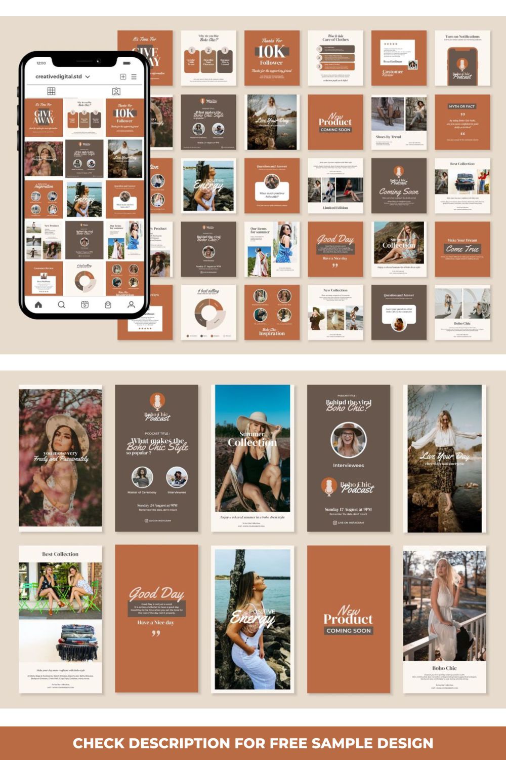 Boho Chic Story And Post Instagram Marketing Template Pinterest Image.